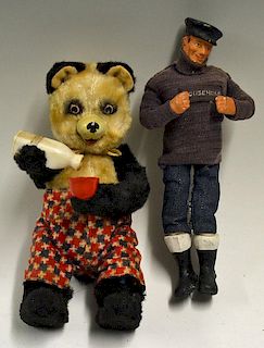 Two Vintage Toys to include Clockwork Milk Drinking Bear  made of metal and cloth, with key and in w