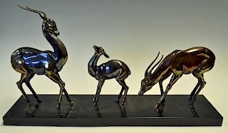 Large French marble based three Deer display ornament featuring 3 different Spelter Deers mounted on