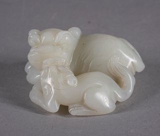 Chinese Celadon Jade Shishi Lion with Cub