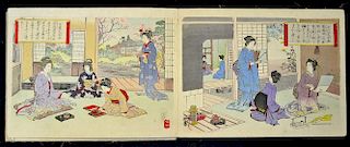Asian Colour Painting Picture Book bound in a tan coloured cloth depicting generally women and famil