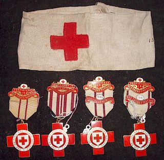 Red Cross Medals and Armband WWI red cross armband together with Red Cross Nursing medal, Air raid p
