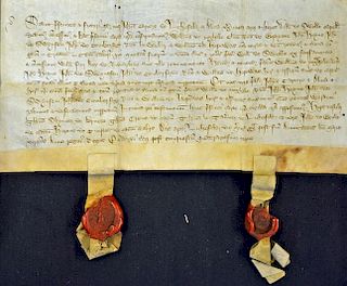 Shropshire 1370 Deed of Gift in relation to Criddon, Bridgnorth with 2 red wax seals on separate tag
