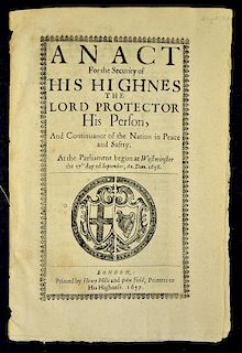 An Act For The Security Of His Highness The Lord Protector Document 1656 with Arms of England and Sc