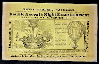 The Royal Vauxhall Balloon 1838  Pictorial Handbill at the Royal Gardens, Vauxhall Balloon Double As