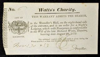Kent, Rochester Watt's Charity Ticket 1853 Printed Ticket with Coat of Arms for one nights lodging a