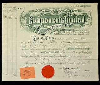 Great Britain Share Certificate Aerial Motorcycle Components Limited 1928 (Manufacturer of the AERIE