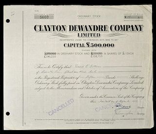 Great Britain Share Certificate Clayton Dewandre Company Limited 1950 certificate for 15 shares. Orn