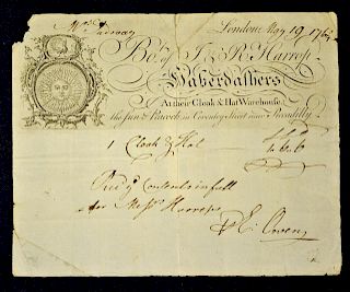 London Early Printed Bill 1764 bought of J & R. Harrop, Haberdashers at the Sun & Peacock in Coventr