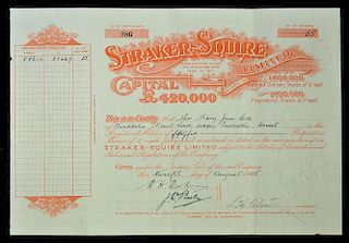 Great Britain Share Certificate Straker-Square Ltd 1925 certificate for 55 Proprietors shares. Orang
