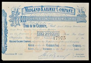 Great Britain Share Certificate Midland Railway Company 1878 certificate for One £10 Preference shar