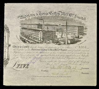 Great Britain Share Certificate Middleton & Tonge Cotton Mill Co Ltd 1875 certificate for 5 shares.