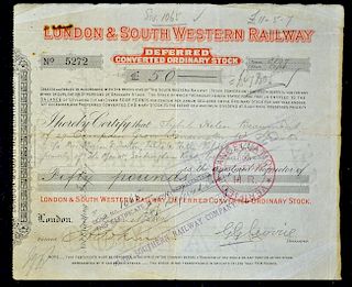 Great Britain Share Certificate London & South Western Railway 1896 certificate for £50 Deferred sto
