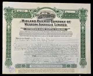 Australia Share Certificate The Midland Railway Company of Western Australia 1941 4% Loan, Registere
