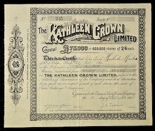 New Zealand Share Certificate The Kathleen Crown Limited 1900 (Mines at Coromandel on the Hauraki Go