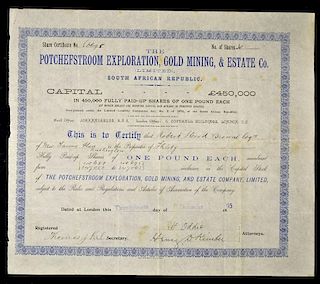 South Africa Republic Share Certificate The Potchefstroom Exploration, Gold Mining, & Estate Co 1895