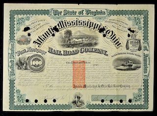 America Share Certificate Atlantic, Mississippi & Ohio Railroad Company 1871 7% GOLD LOAN. Bearer Bo