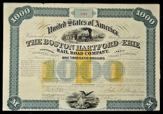 America Share Certificate The Boston Hartford and Erie Railroad Co 1866 7% LOAN. Bearer bond for $1,