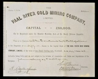 South Africa Republic Share Certificate The Vaal River Gold Mining Company Ltd 1887 certificate for