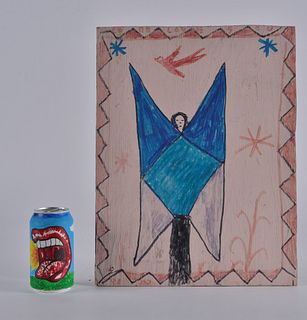 RA Miller Folk Art Drawing (blue angel on pink)