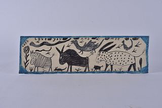 RA Miller Drawing on tin (animals blue outline)
