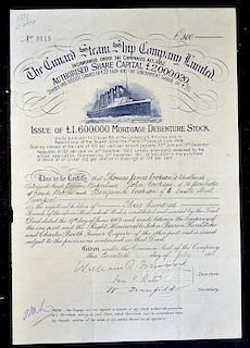 Share Certificate The Cunnard Steamship Company Ltd 1910 certificate for 100 shares. Attractive blue