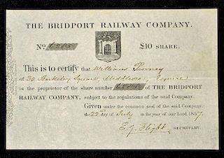 The Bridport Railway Company Share Certificate 1857 for One £10 share a 9 mile broad Gauge branch li