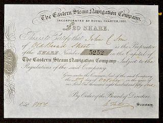 The Eastern Steam Navigation Company Share Certificate 1851 for One £20 share detailed black printin