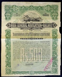 India Share Certificate The India General Navigation and Railway Company Ltd 1915 bearer 500 Rupees