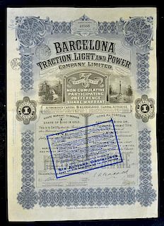 Spain Share Certificate Barcelona Traction Light & Power Company Ltd 1925 7% loan bearer Certificate