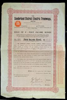 Bond Certificate The Sunderland District Electric Tramways Ltd 1912 5% Loan (they operated an electr