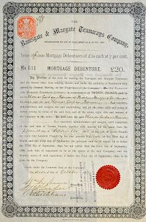 Bond Certificate The Ramsgate & Margate Tramways Company 1883 7% loan Registered Bond for £20 Debent