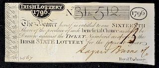 Monetary Rare Irish State Lottery Ticket 1796 a Sixteenth part of the chance issued by Lottery Agent