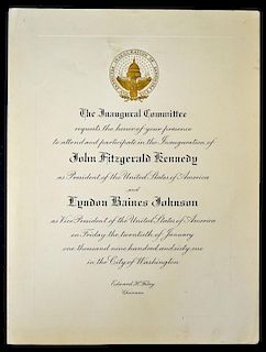 Original Invitation to the 1961 Inauguration of John F Kennedy as President of the United States wit
