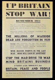 Oswald Mosley 1939 Peace Campaign Flyer 'Up Britain Stop War!' unite with Mosley for Britain, peace