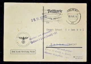 Ernst Schnabel / Ann Frank reply card from the Reich's Chancellery to Schnabel dated 25/11/41 statin