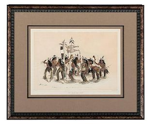 The Snow-Shoe Dance Color Lithograph by George Catlin 