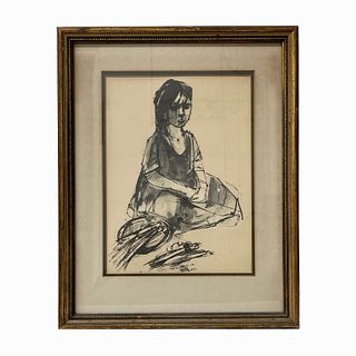Unknown Artist "Girl Seated" Lithograph.