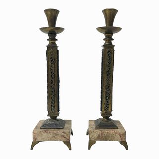 Pair of Antique Marble / Brass Candle Holders.