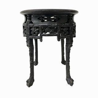 Chinese Carved Wood Marble Top Side Table