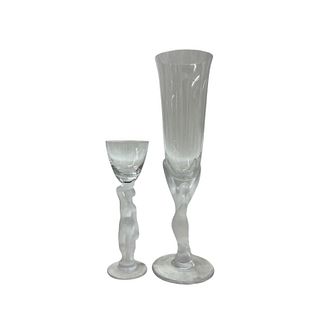 Crystal Bird and Woman Champagne Glasses