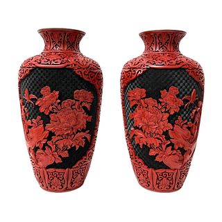 Chinese Red Lacquer Carved Vases.