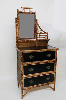 French Three Drawer Bamboo Mirrored Dresser, 19th Century