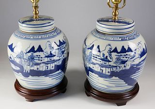 Pair of Chinese Blue and White Porcelain Ginger Jar Lamps, Contemporary