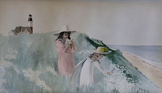 Jane Brewster Reid Watercolor on Paper "Two Young Girls Gathering Flowers at Sankaty Bluff"