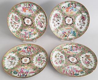 Set of Four Chinese Rose Medallion Plates, 19th Century