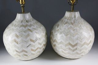 Pair of Contemporary Bone Chevron Inlaid Bulbous Lamps