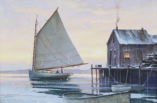 Donald W. Demers Gouache on Paper "Nantucket Harbor in Winter"