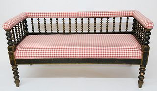 English Upholstered Bobbin Turned Window Bench, 19th Century