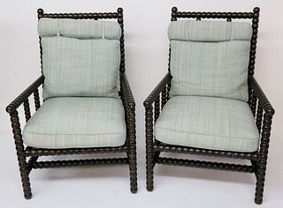 Pair of Antique English Upholstered Bobbin Turned Armchairs