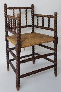 English Oak Rush Seat Spool Armchair, 19th Century